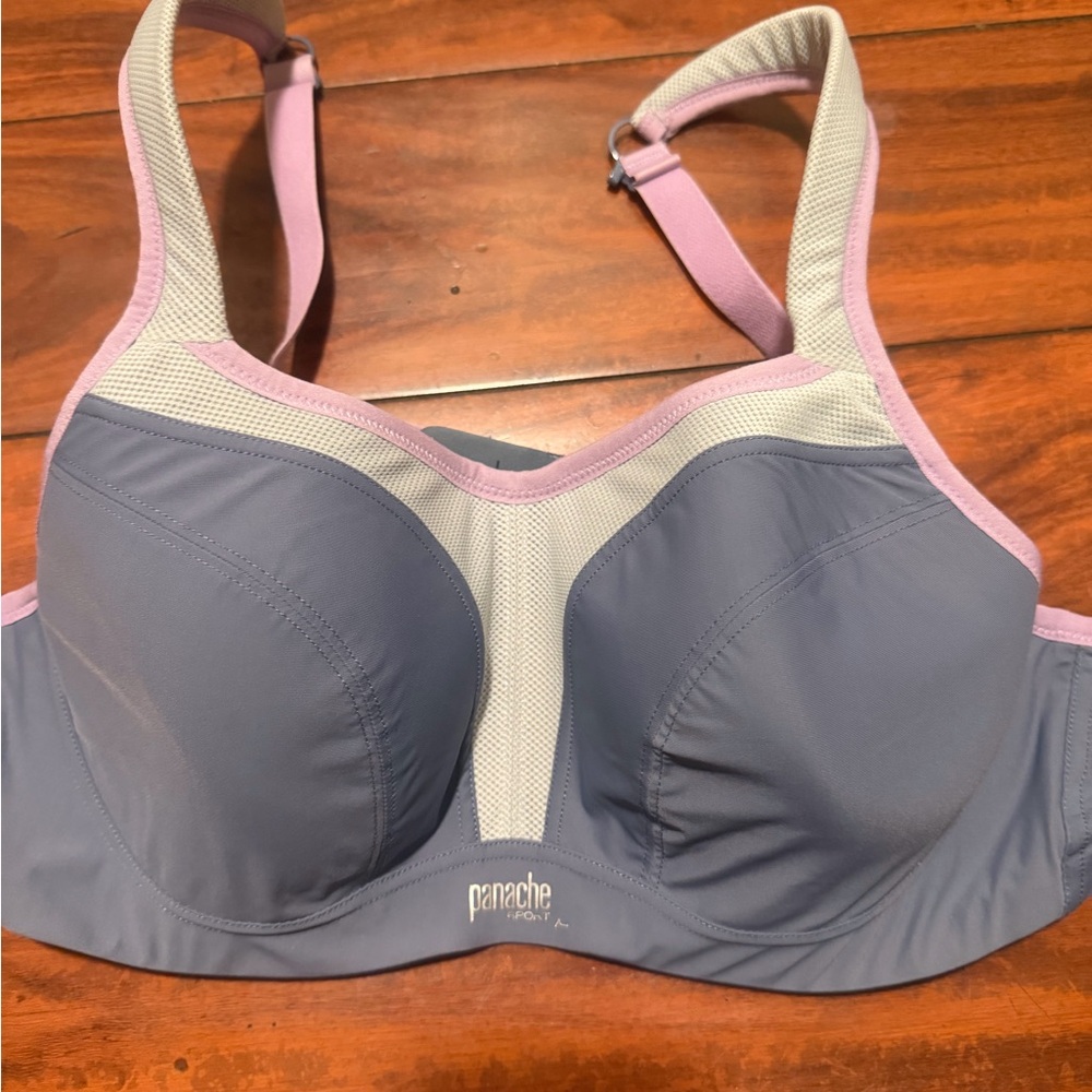 Panache Gray Sports Bra with Lilac Trim and White Mesh - Picture 3 of 7